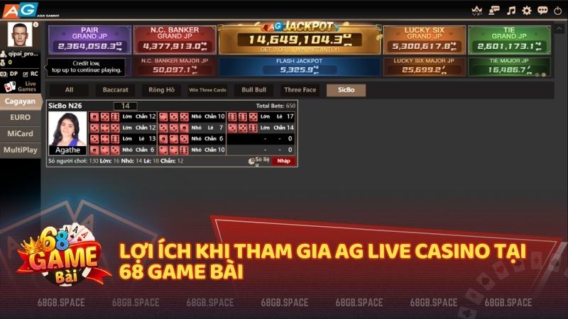 Chơi AG Live Casino tại 68 game bài với nhiều mức cược, giao dịch nhanh gọn, bảo mật tuyệt đối, ưu đãi thường xuyên và đội ngũ hỗ trợ tận tâm 24/7